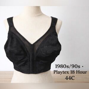 Vintage Playtex 18 Hour Black Longline Bra 44C Sheer Mesh Lace Support